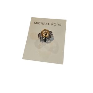 Michael Kors Woman Gold Silver Tone Monogram Miami Wide Band Ring Authentic 7